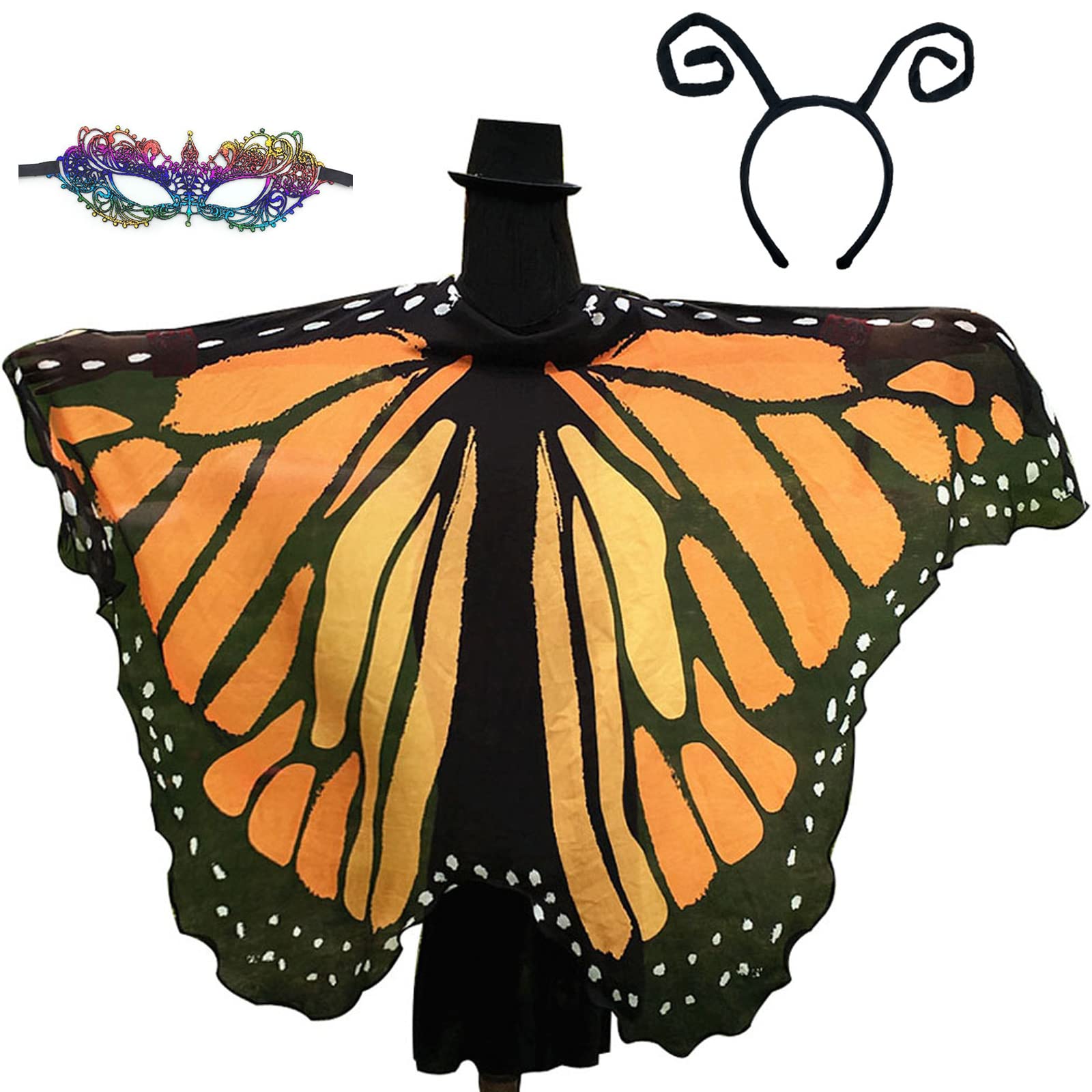 GRAJTCIN Women's Butterfly Wings Shawl, 3 PCS Halloween Fairy Costume Festive Rave Cape with Antennas & Mask, Orange Monarch, 78" x 50" — image 1
