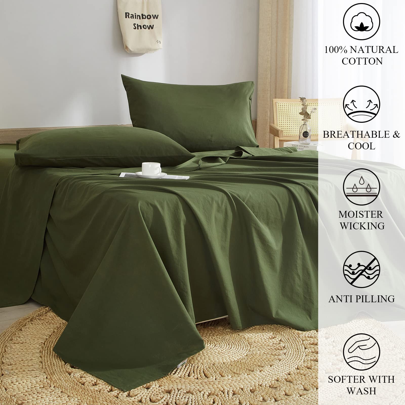 Helthep Sábanas Florales Tamaño Individual, 100% Algodón, Estampado Floral Verde, Sábanas Con Bolsillo Profundo De 17.5 Pulgadas, 4 Piezas De Sábanas De Flores Vintage Botánicas Verdes Para Cama De