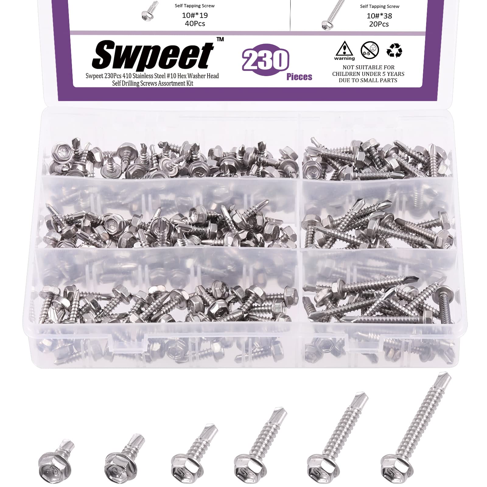 Swpeet 410 Stainless Steel Self Drilling Screw Assortment Kit