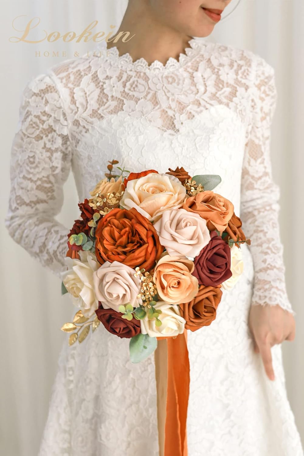 Lookein 10 Inch Wedding Bouquet for Bride Artificial Flowers Birdal Bouquet Bridesmaid Bouquet Tossing Bouquet for Wedding Ceremony Anniversary Bridal Shower, Chic Terracotta