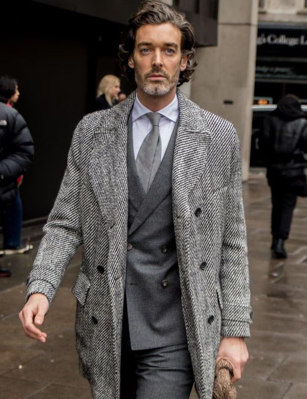 Mens Herringbone Tweed Trench Coat Double Breasted Notched Lapel Long Peacoat Slim Fit Business Winter Overcoats