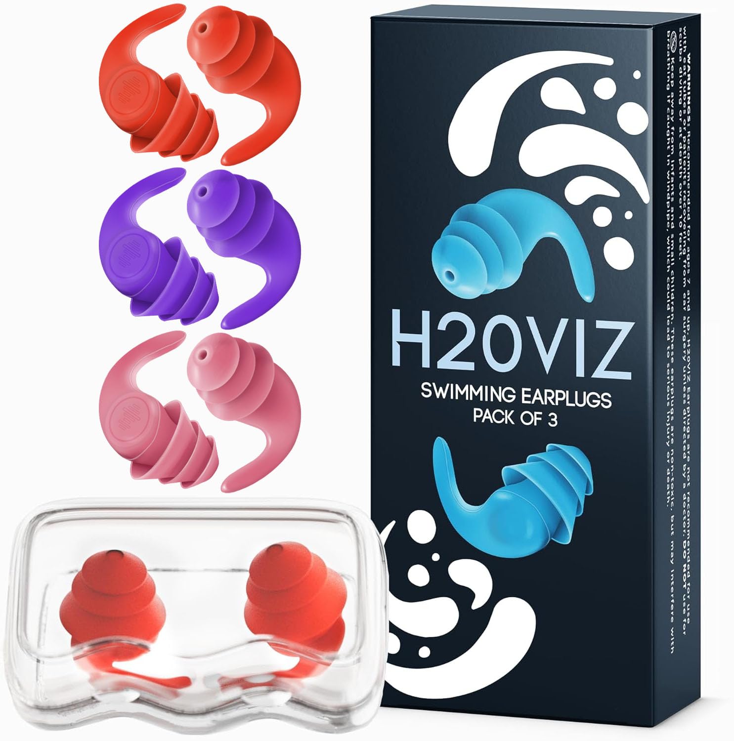 H20VIZ Pro Swim Ear Plugs | 3 Pairs | Waterproof, Reusable Silicone Earplugs for Swimming, Surfing, Snorkeling & All Water Sports (Coral, Pink, Purple, 3 Pairs)