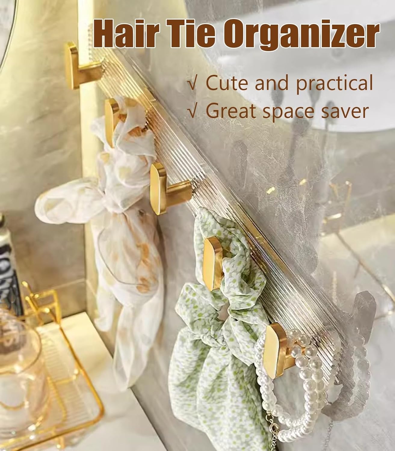 Hair Accessories Organizer Holder, Clear Acrylic Headband Holder Organizer with Gold Hooks，Wall Mount Jewelry Holder for Bracelets Watches Headbands Hair Ties(4 Hooks)