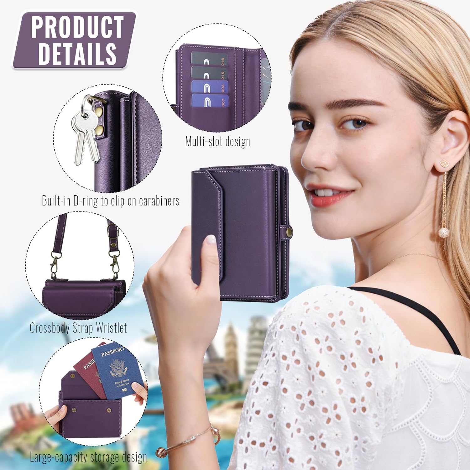 ASAPDOS RFID Blocking Family Passport Holder Wallet,Hold 3-4 Passports for Travel with Credit Card Slots & Wrist Crossbody Strap Purple