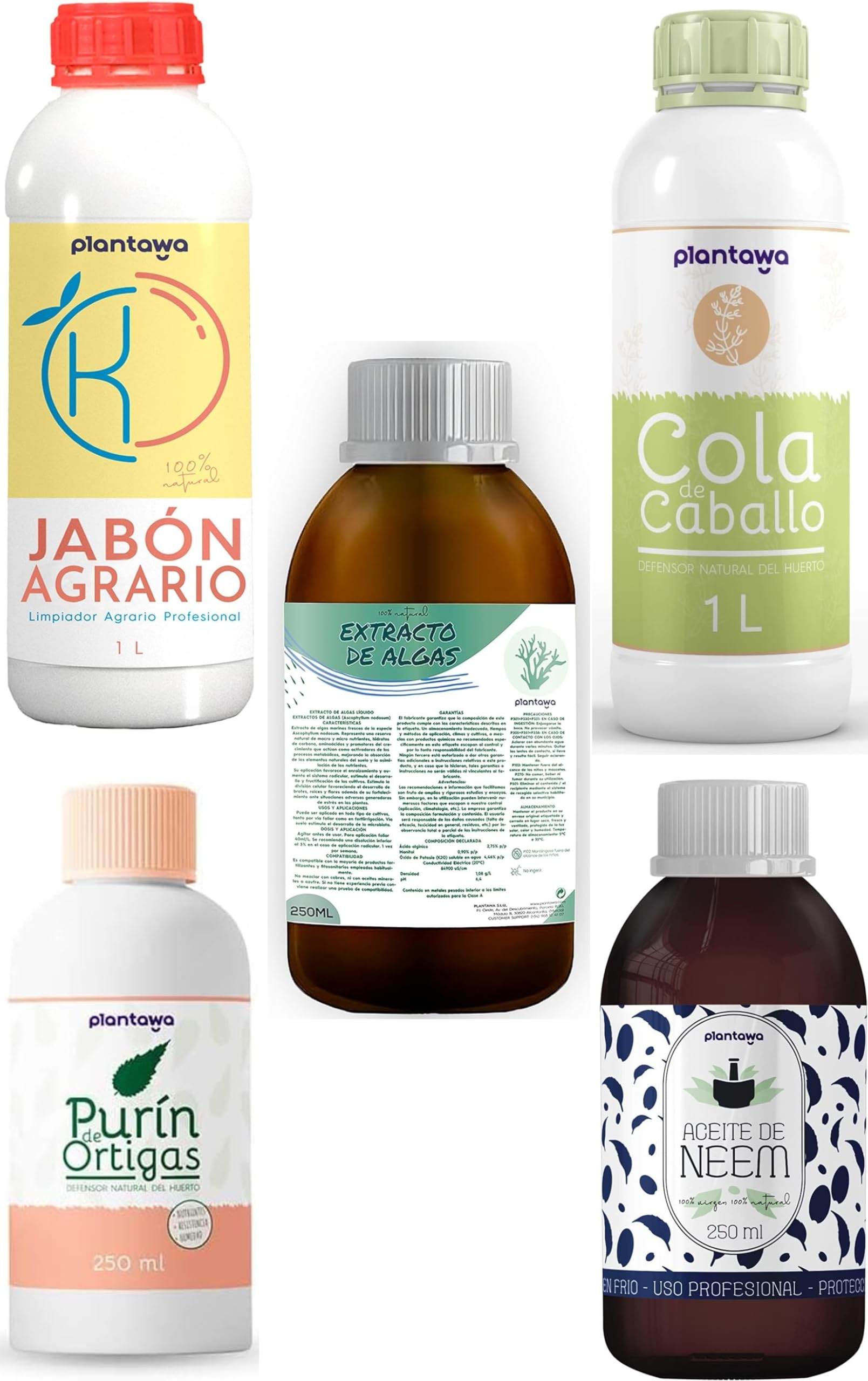 Protección TOTAL.Jabón Potásico 1l,Aceite de Neem 250ml,Purín Ortiga 250ml,Cola de Caballo 1l,Algas Marinas 250ml Insecticida,Fungicida,Bioestimulante,Mosca Blanca,Araña Roja,Oidio,Mildiu,Sostenible
