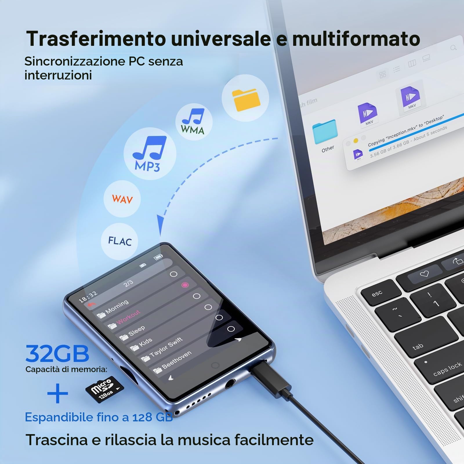 Lettore MP3 Bluetooth 5.3 con Schermo Touchscreen Completo da 2,8 Pollici, Altoparlante Integrato, 32GB (Supporta Fino a 128GB), Riproduttore Musicale HiFi Senza Perdita con Radio FM | Alloggiamento in metallo e design portatile, altoparlante, espandibile