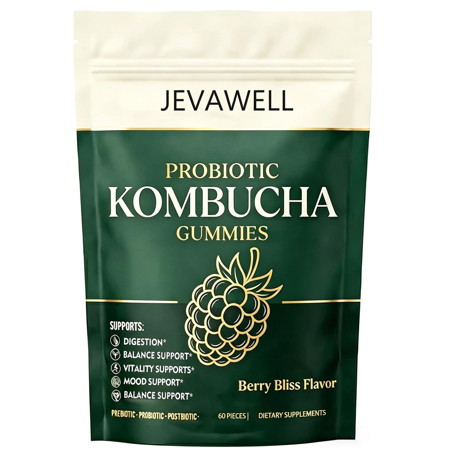 WUJECT Suplemento prebiótico de kombucha sabor frutas vermelhas, 60 gomas