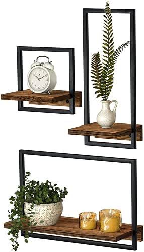 Metal Frame Rustic Wooden Floating Hanging Shelves, Home Decor Wall