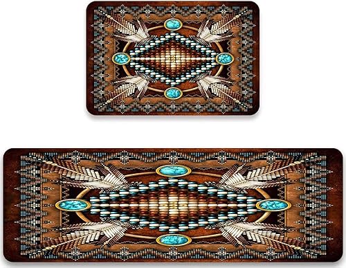 Juego de 2 alfombras rústicas de cocina del suroeste, tribales indígenas americanos, lavables, geométricas, acolchadas, antifatiga, antideslizantes,