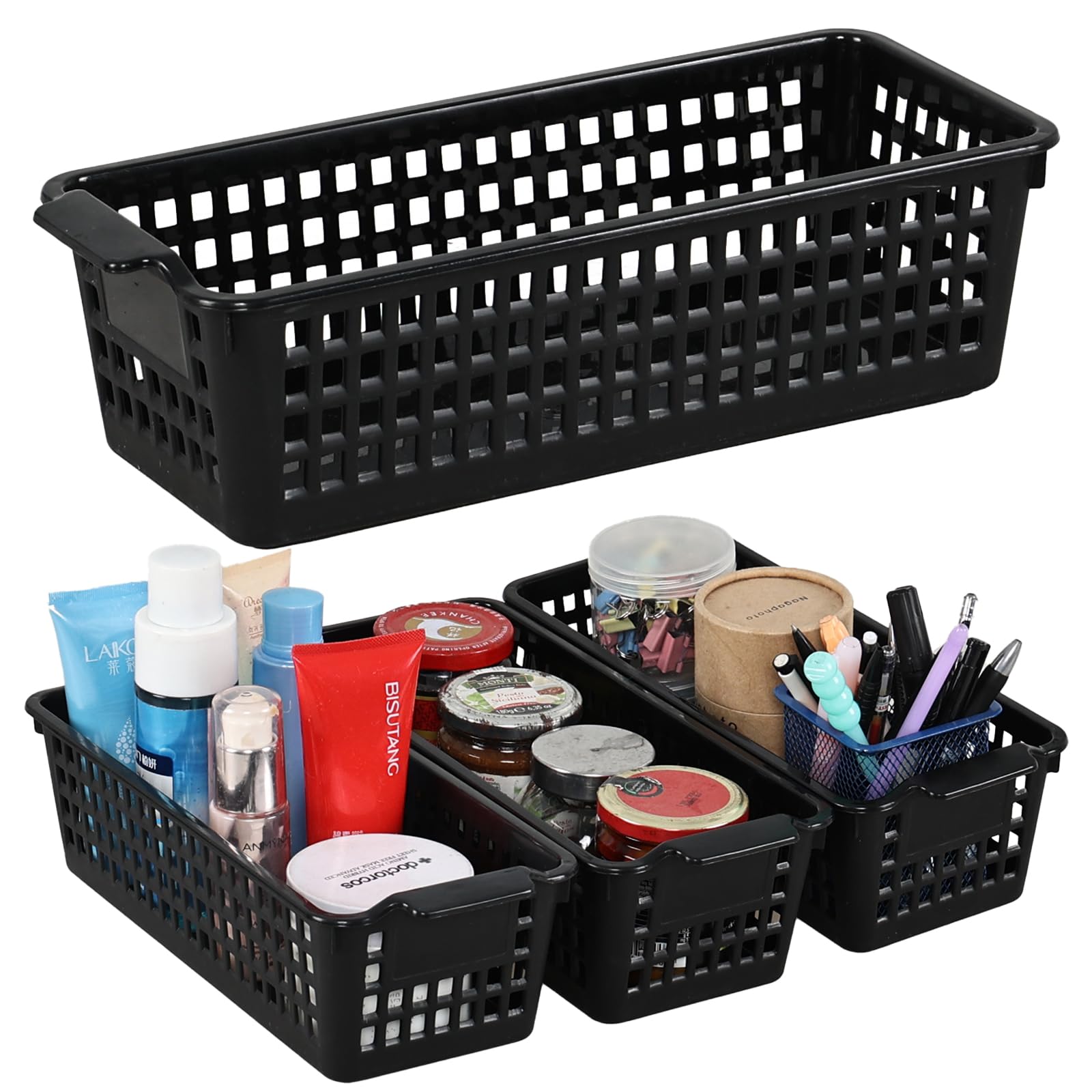 Waikhomes 4-Pack Storage Baskets, Slim Kitchen Cupboard Organiser Storage Baskets for Bathroom Cabinet, Drawers, Desktop Organisation(Black)