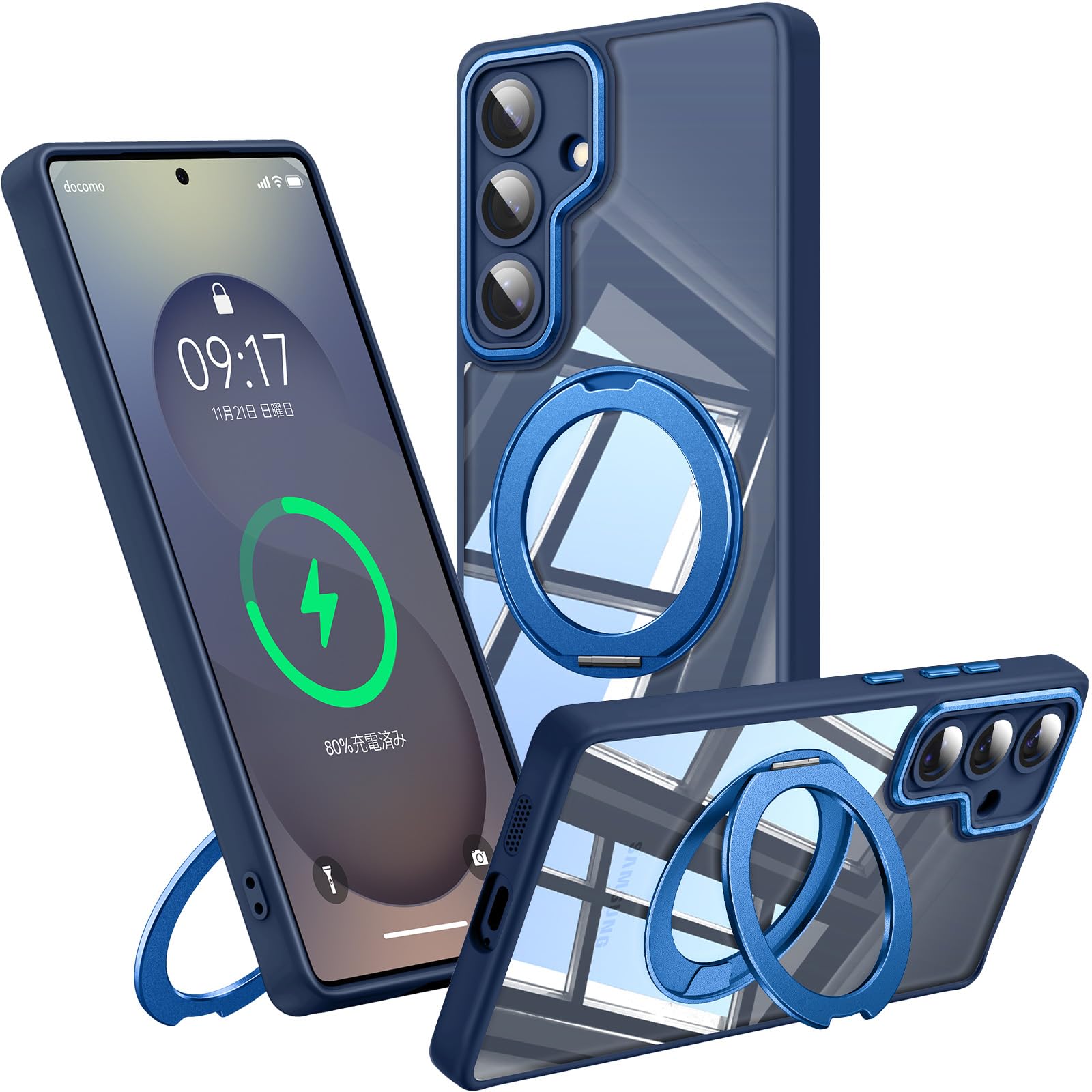 【360°回転スタンド・縦横両対応】FONKCASE Samsung Galaxy S25 用 ケース Magsafe対応 リング (ブルー)