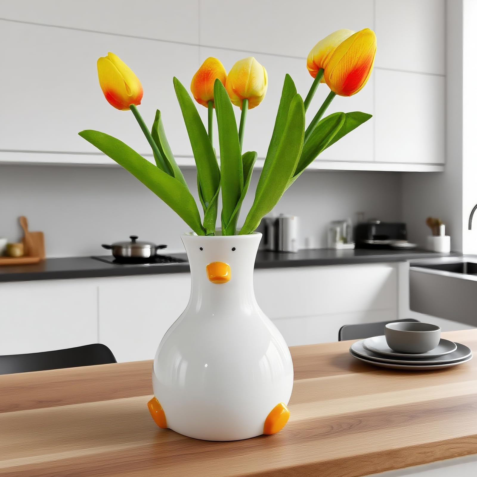 MOUGIGI Handgefertigte Keramik-Entenvase – weiße moderne Blumenvase mit einzigartigem Enten-Design – runde ästhetische Tischdekoration – flippige und trendige Kunstvase