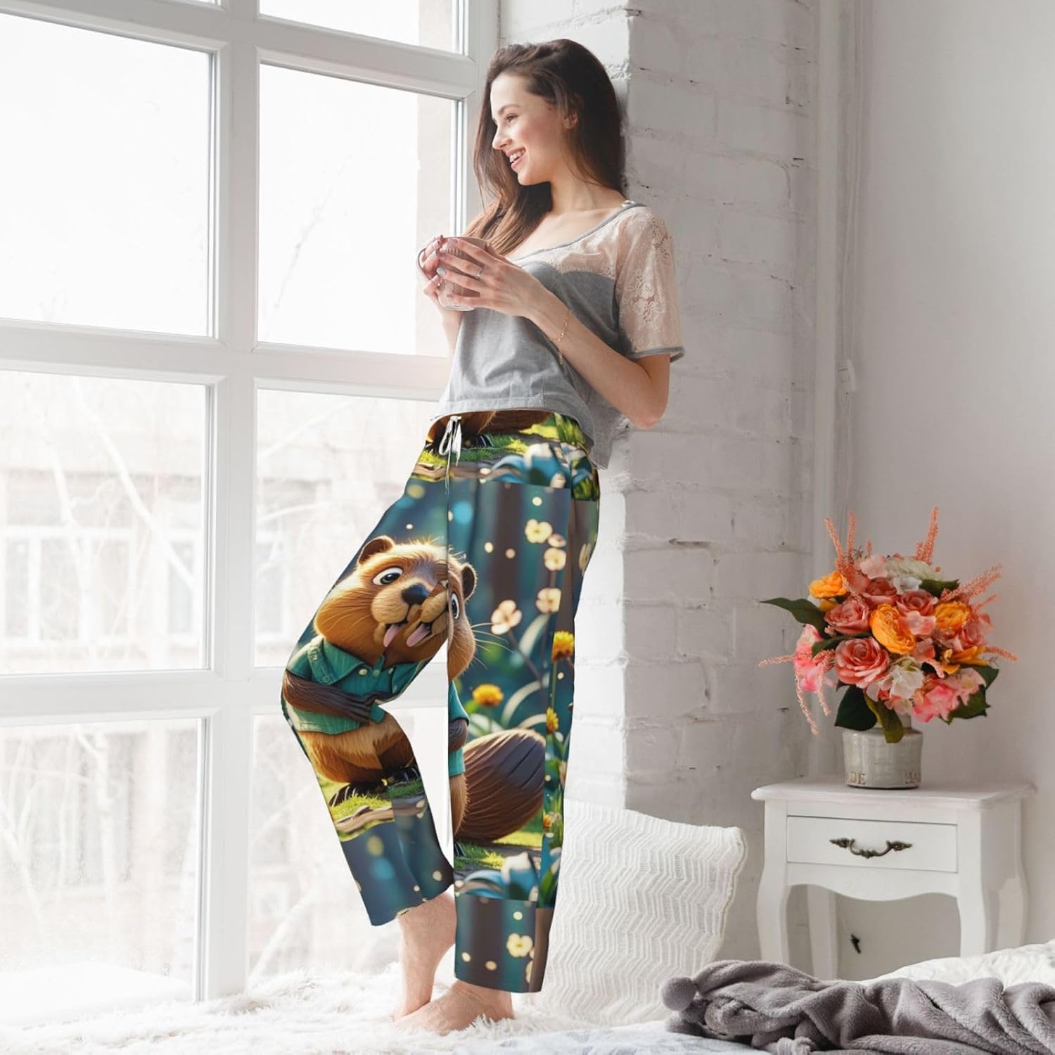 Womans Pajama Pants Soft Comfy Pajama Bottom with Pockets Cartoon animated beaver Sleep Pant Womans Lounge Pant