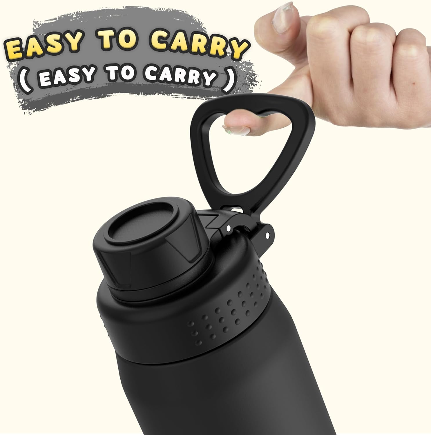 GOPPUS 420ml/15oz Kids Insulated Water Bottle with Screw Lid (No Straw) Stainless Steel Toddler Bottle School Flask Girls Boys Drinks Cup with Handle & Leakproof & Keep Drinks Cold (Black)
