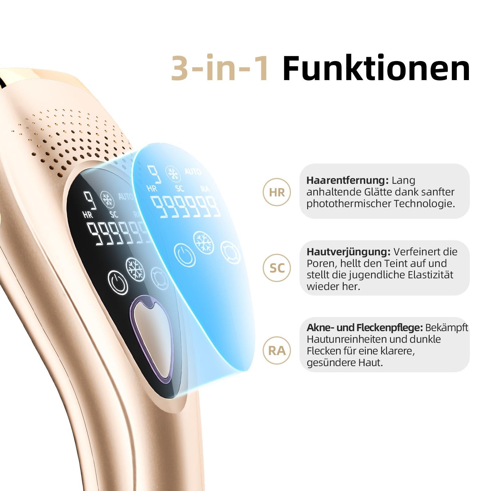 IPL Geräte Haarentfernung Laser mit 6℃ Eiskühlsystem, Schmerzfreie Haarentfernungsgerät mit HR/SC/RA Erweiterte Funktionen, 999,900 Lichtimpulse, 9 Energiestufen für Körper, Gesicht, Bikini