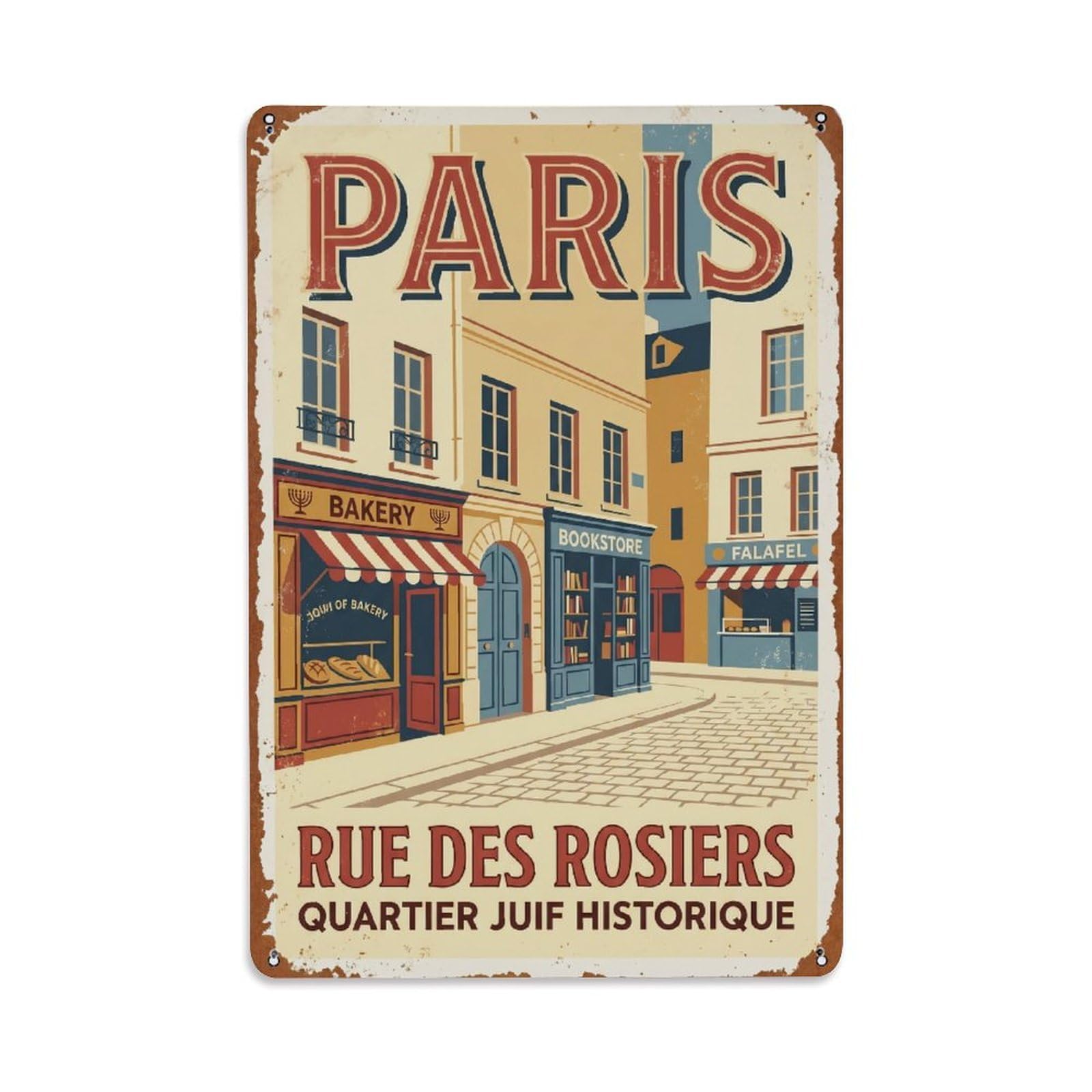 Vintage Travel Paris Rue Des Rosiers Jewish Quarter Rusted France Metal Tin Sign Plaque Wall Decor for Cafe, Club Bar, Office, Home Garden Metal Poster 8x12Inch