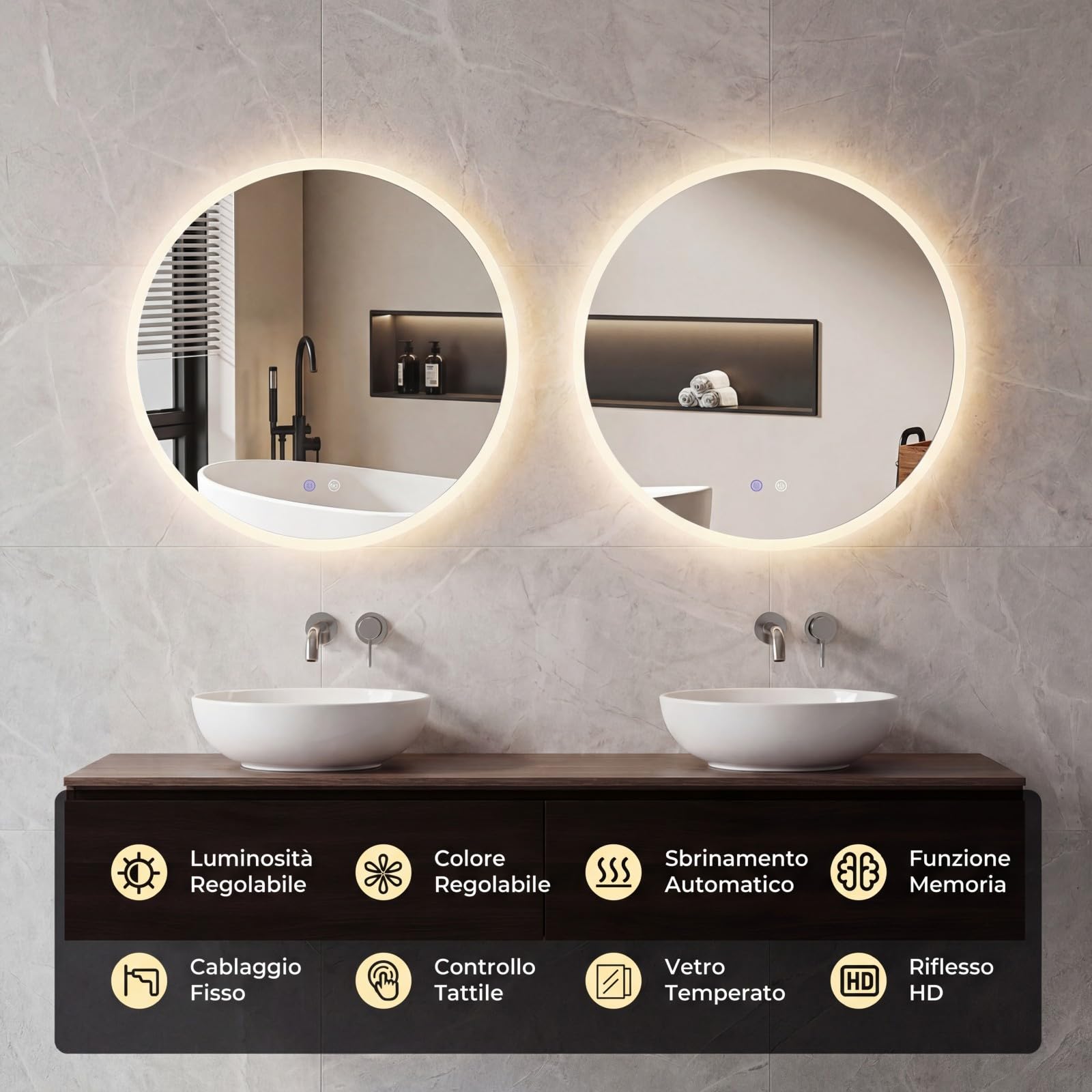 COSTWAY Specchio Rotondo con Luce 60 cm, Specchio Retroilluminato Bagno con 3 Colori Luce, Antideflagrante, Antiappannamento, Luminosità Regolabile, IP44, Memoria e Vetro Temperato HD (60 x 60 cm)