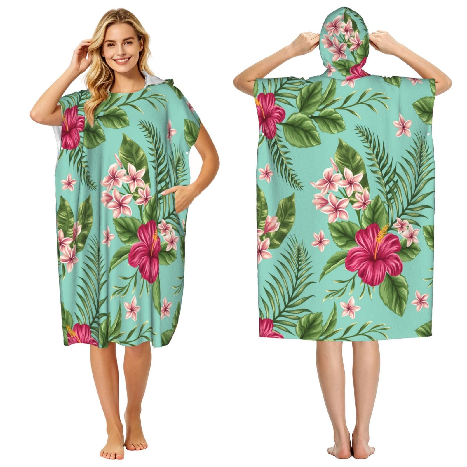 Poadnly Plumeria And Hibiscus Flowers Print Exotic Jungle Palm Leaf, Adult Hooded Beach Towel 90 x 110 cm,Changing Bath Robe, Surf Poncho Towel For Women Men