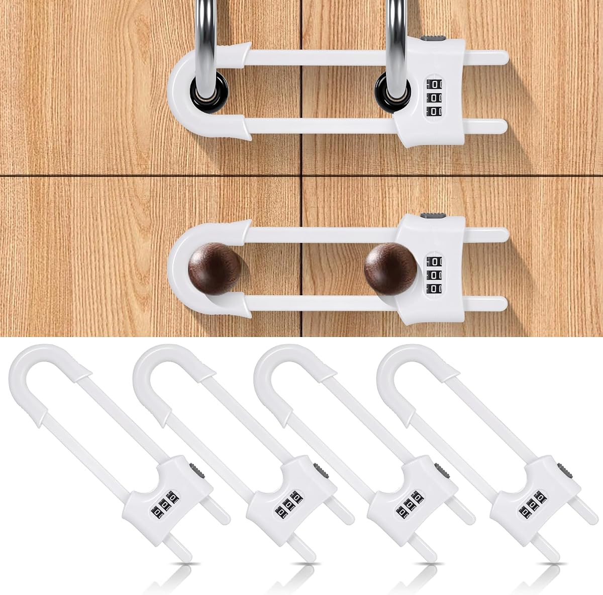 4 Pack Cabinet Locks with Combination Sliding Cabinet Door Lock Child Proof | U Shaped Adjustable Cupboard Locks Baby Proof Safety Lock for Closet Code Latches Knob Handle Drawers