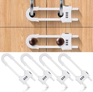 4 Pack Cabinet Locks with Combination Child Proof Sliding Cabinet Door Lock | U Shaped Adjustable Cupboard Locks Baby Proof Safety Lock for Closet Code Latches Knob Handle Drawers