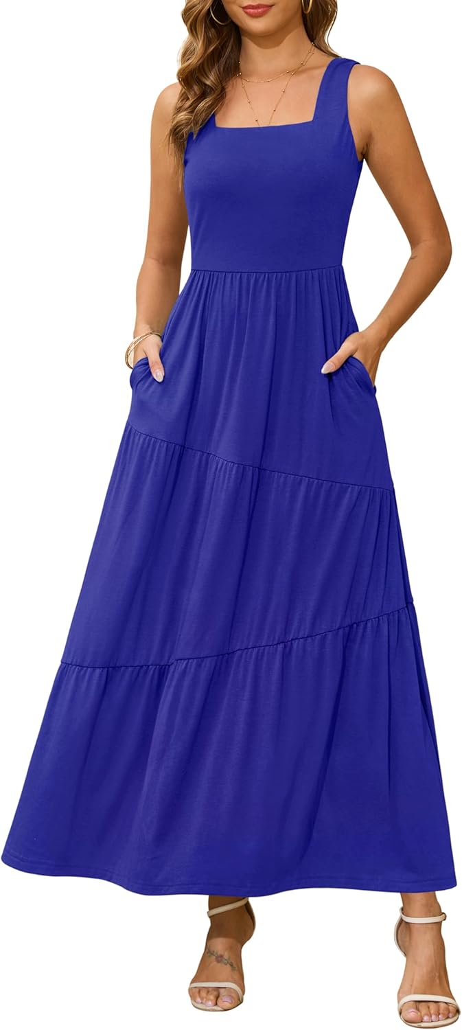 Kranda 2026 Summer Sleeveless Long Beach Sundress Square Neck Tank Top Tiered Maxi Dress with Pockets