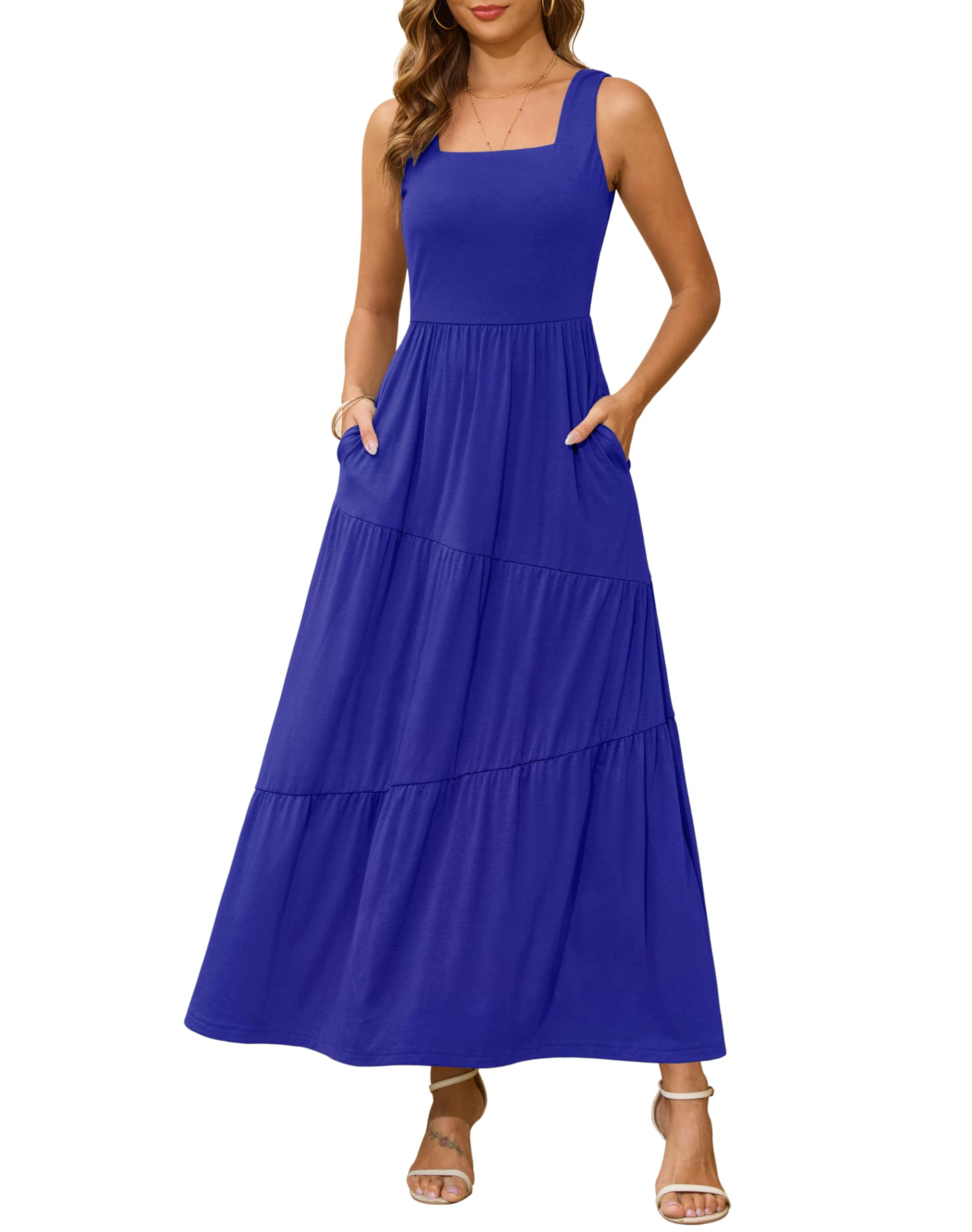 Kranda 2026 Summer Sleeveless Long Beach Sundress Square Neck Tank Top Tiered Maxi Dress with Pockets
