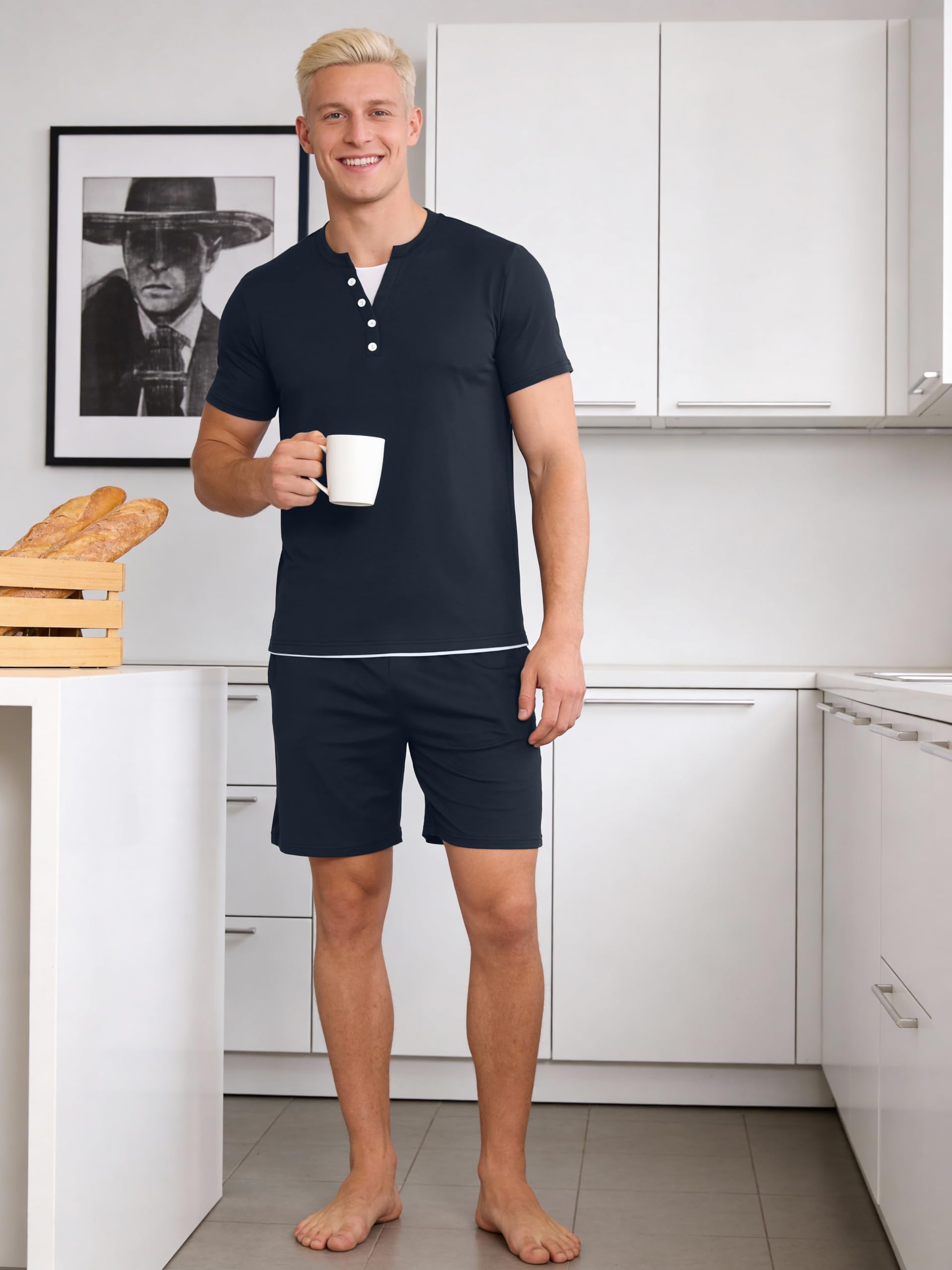Pyjama Homme Court en Coton Été Ensemble de Pyjama à Col en V avec Boutons Décoratifs T-Shirt Uni et Short à Carreaux avec Poches