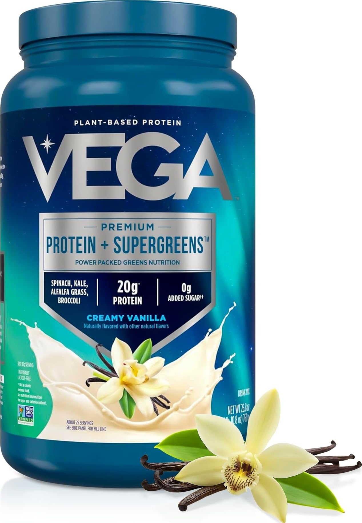 Vega Proteína vegetal em pó com superverdes de ervilha e arroz, baunilha, 20 g, 25 porções (762 g)