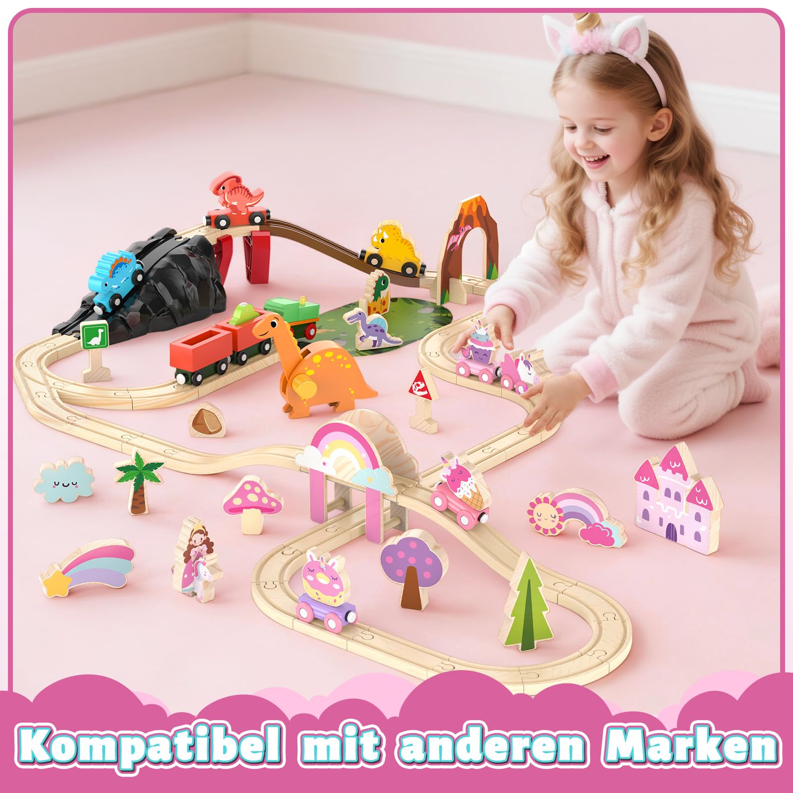 Lehoo Castle Holzeisenbahn für Mädchen, Einhorn Geschenk Mädchen 3 Jahre, Rose Spielzeug ab 3 4 5 Jahre Mädchen, Holzeisenbahn Zubehör