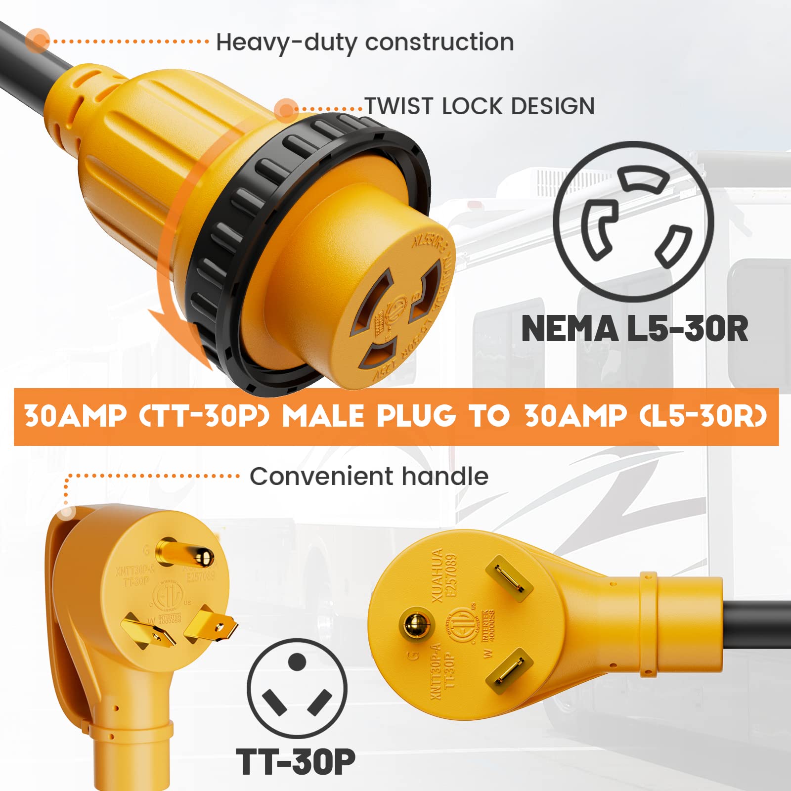 MECMO 30 Amp to 30 Amp RV Adapter Cord with Locking Connector Plug NEMA TT-30P to L5-30R, UL Listed RV Power Cord, TT-30P Male Plug to L5-30R Female RV Adapter, 1.5 FT, 10/3 STW, 125 Volts 3750 Watts