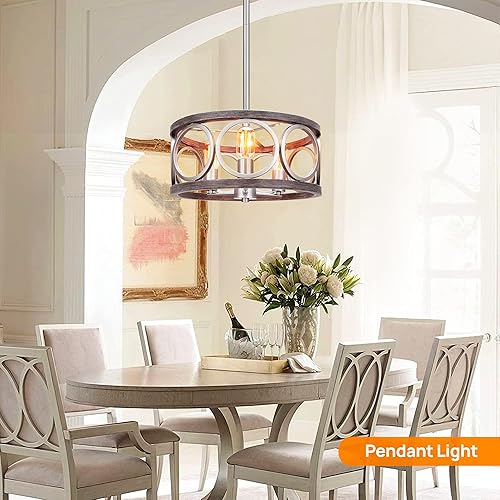 Miniatura 6 de Candelabro de tambor de 16 pulgadas, 3 luces de altura ajustable, acabado de grano de madera gris níquel cepillado, lámpara de techo de granja para