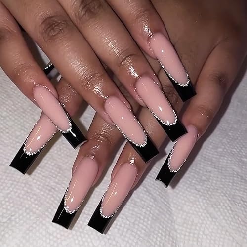 24 uñas postizas largas a presión, cuadradas con diseño francés, uñas acrílicas negras con purpurina plateada, uñas postizas con pegamento