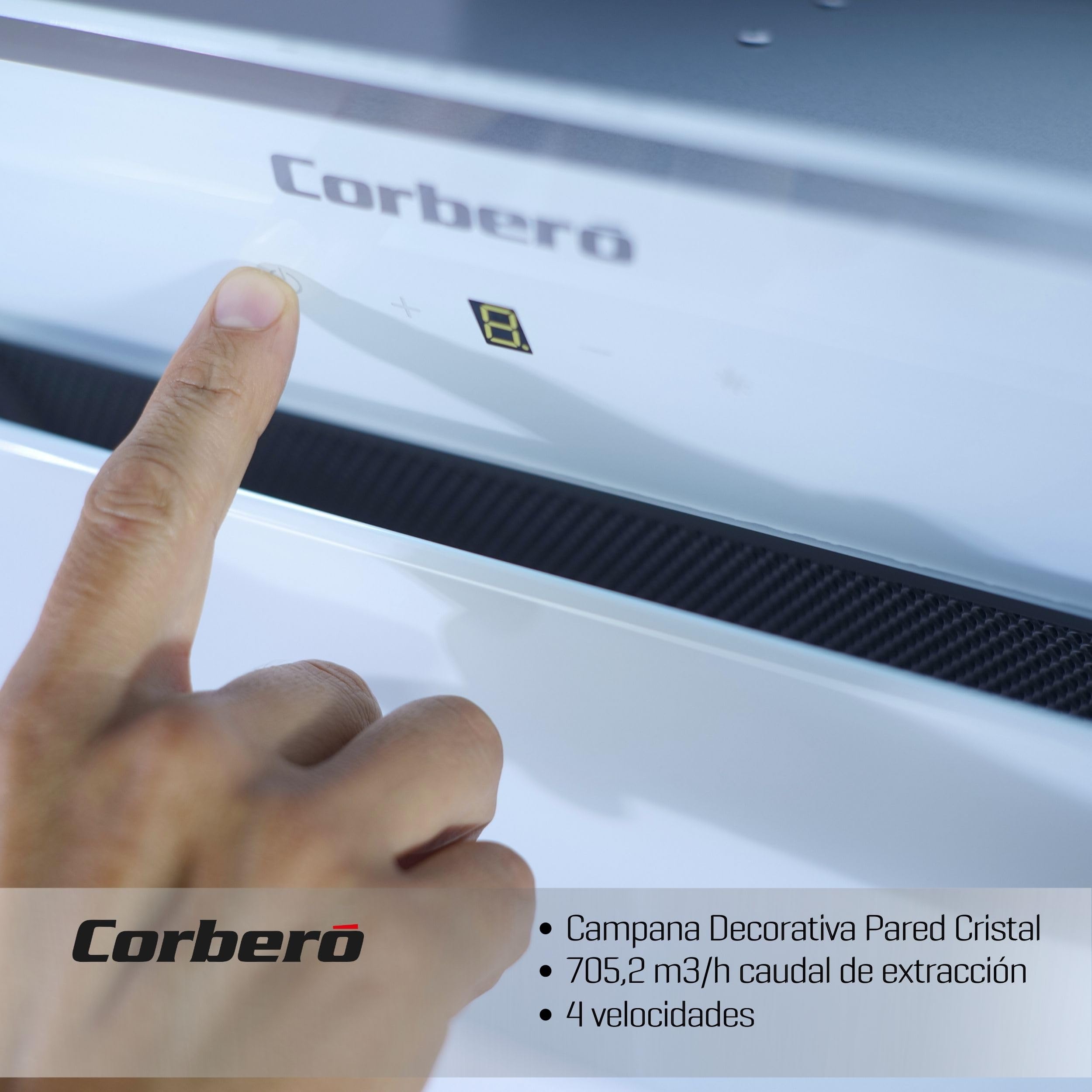 Corbero - Campana Extractora 60 cm | ONEGA675W | 705.2 m3/h | 66db| 230W | 4 Velocidades | Control Tactil| Vidrio Templado | 1 Filtro Aluminio + 1 Filtro Carbón | Blanco