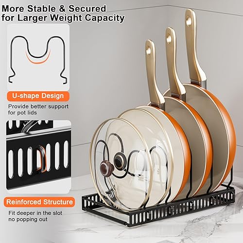 Miniatura 4 de Organizador de ollas y sartenes para debajo del gabinete, soporte organizador de tapa de olla expandible con 10 divisores ajustables y tiras