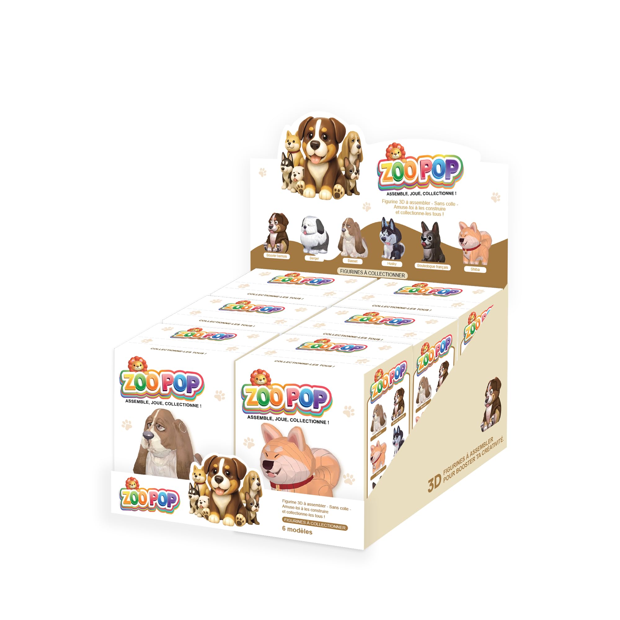 ZOO POP Espositore con 6 Personaggi 3D da Assemblare Senza Colla – Cani (Basset, Pastore, Bulldog Francese, Bovaro del Bernese, Husky, Shiba) – Attività Creativa – Personaggi da Collezione