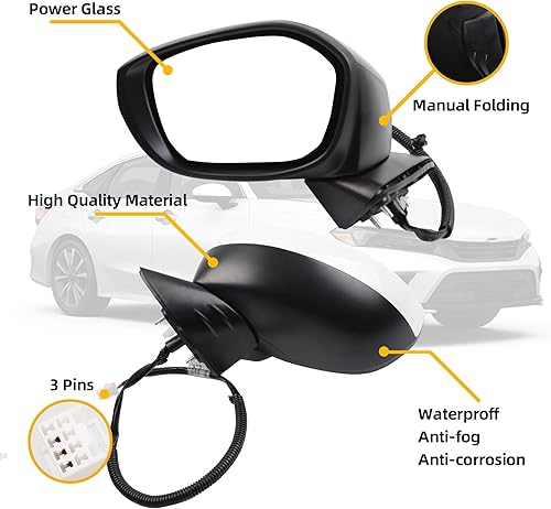 Miniatura 8 de Dasbecan Espejo lateral izquierdo del conductor compatible con Honda Civic 2022-2025 con cristal eléctrico, plegable manual, combina con cristal