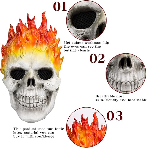 Miniatura 5 de EJWCIG Máscara de jinete fantasma, máscara de calavera de llama demonio, máscara de esqueleto de cara completa, casco de terror para Halloween