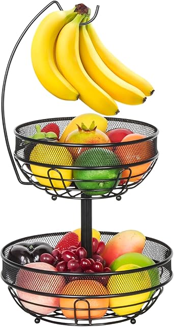 2-Tier Fruit Basket, Detachable Fruit Vegetables Bowl with Banana Hanger, Countertop Kitchen Storage Basket for Fruits Vegetables Snacks Breads Eggs, Black