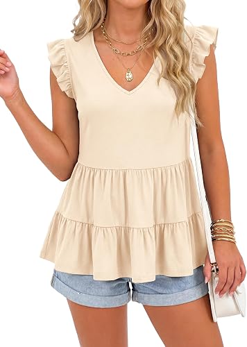 OPOIPIN Womens Babydoll Tank Tops V Neck Sleeveless Ruffle Hem Peplum Shirts Ple