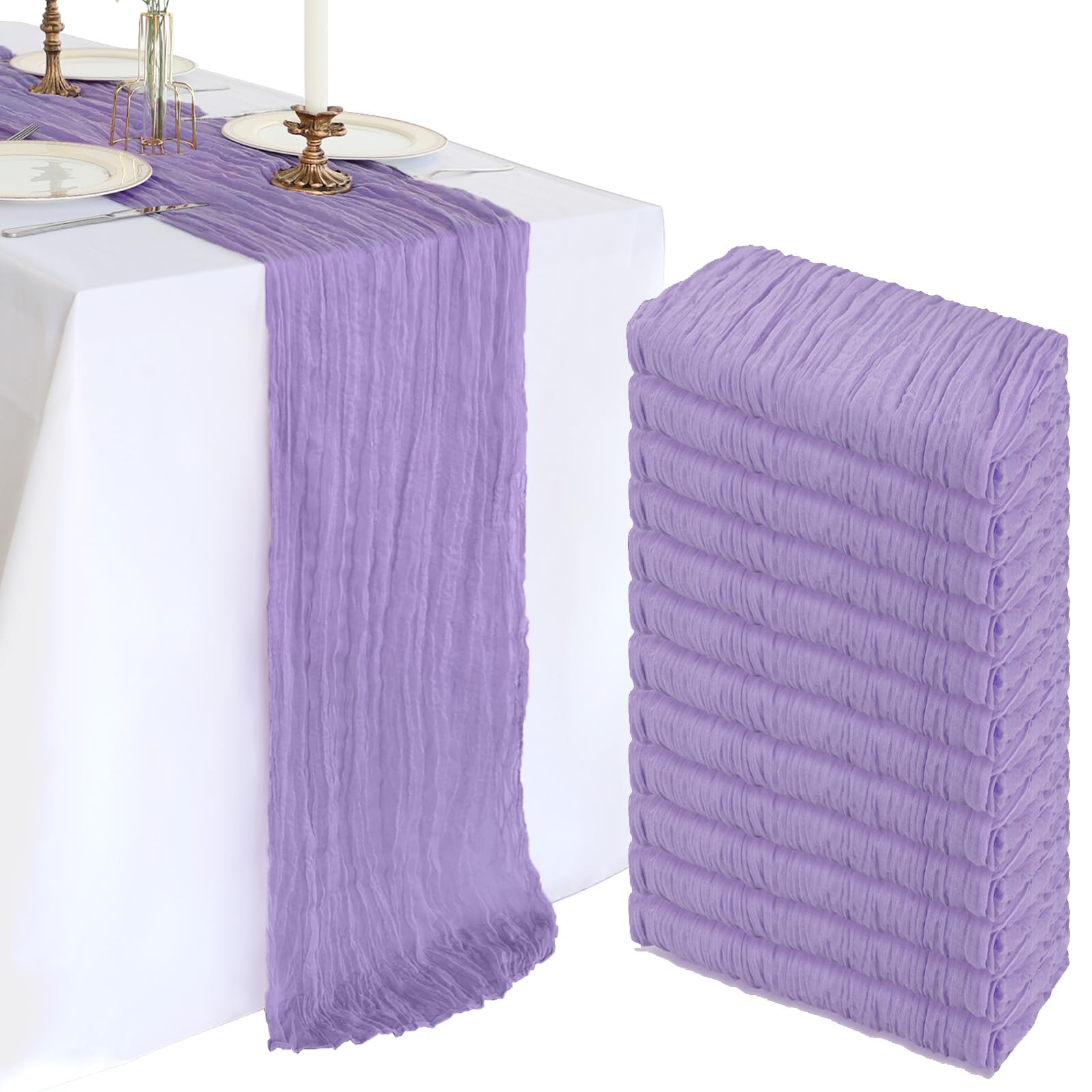 Photo 1 of 12 Pack 10FT Lavender Purple Cheesecloth Table Runner 120 Inch Gauze Rustic Boho Spring Cheese Cloth Table Runner Sheer Fabric Decorations for Holiday Party Wedding Banquet Bridal Baby Shower Décor