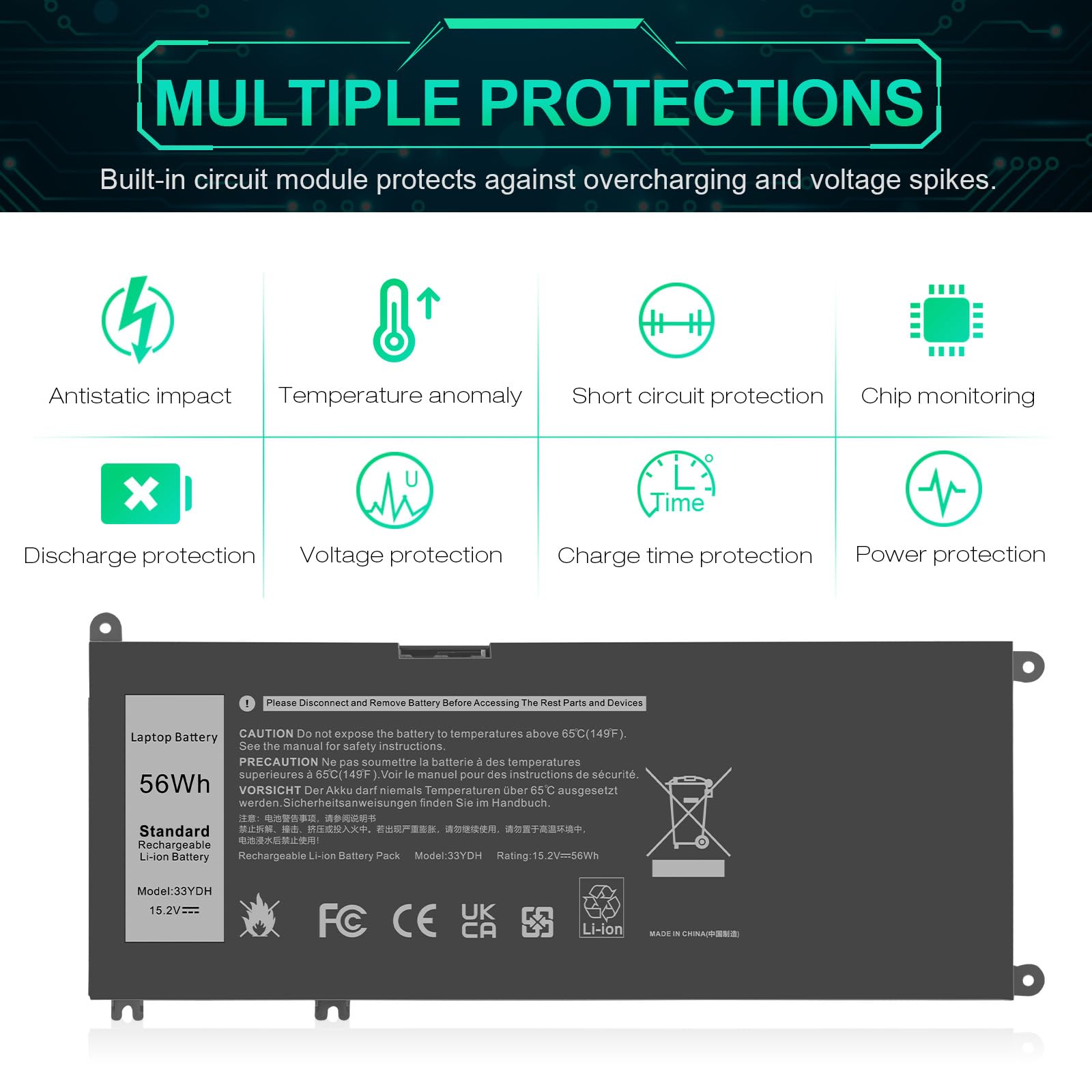 ASUNCELL 56WH 15.2V 33YDH Batteria per PC portatile Dell Inspiron 17 7000 15 7577 17 7773 17 7778 17 7779 2in1 17 7786 Series 33YDH PVHT1 W7NKD 81PF3 081PF3 3P30E. P30E001 DNCWSCB6106B