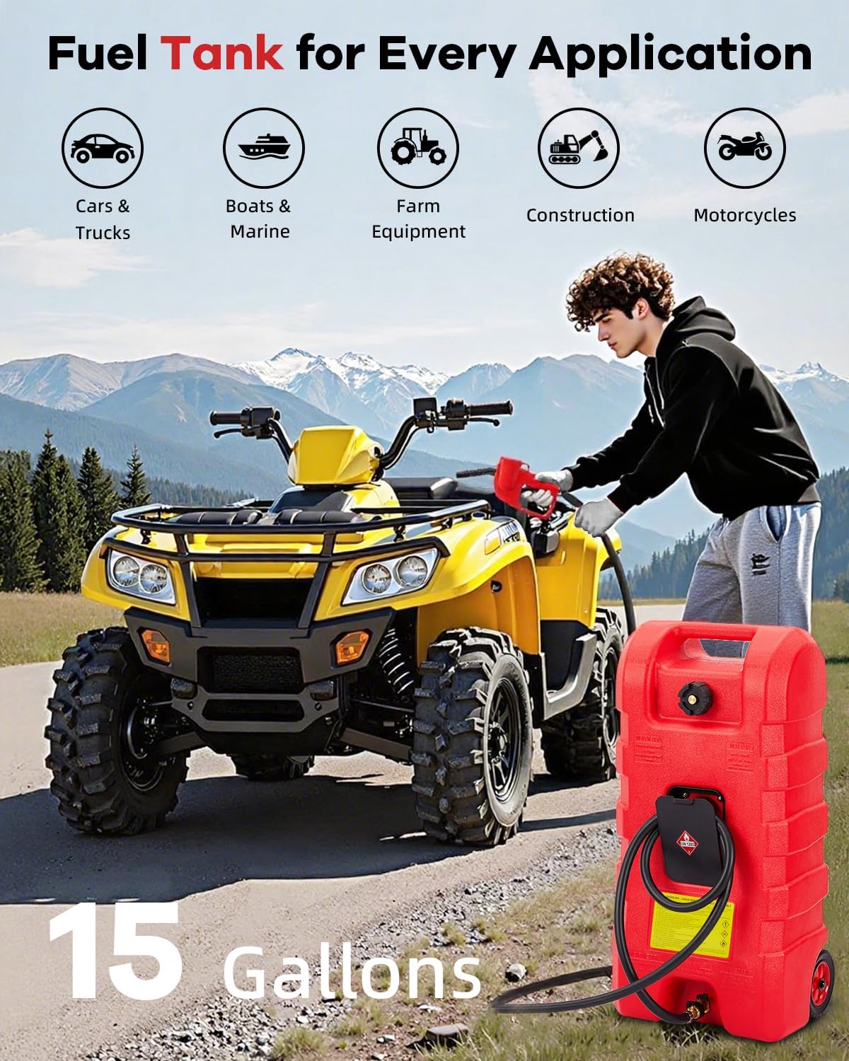 15 gal Gas Can, Heavy-Duty Gas Tank and Fuel Caddy with Manual Fuel Transfer Pump, Portable Fuel Tank on Wheels with 10 ft Hose for Lawn Mowers, Cars, Boats, ATVs, Home and Farm Use, Red