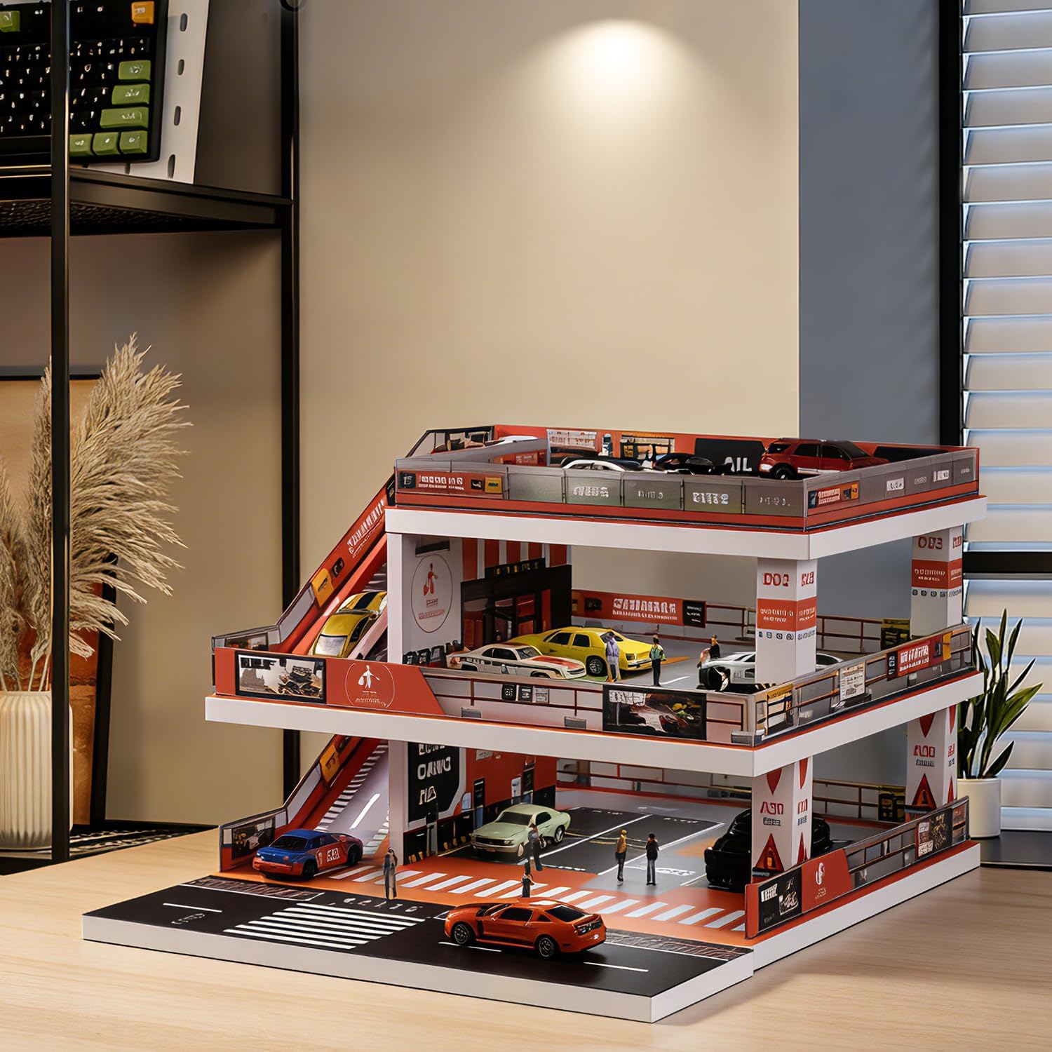 Fremego 1/64 Scale Garage Diorama with LED Lights, Simulation Ramp Scene Parking Lot Model for Diecast Cars Display Case for Collection Gift