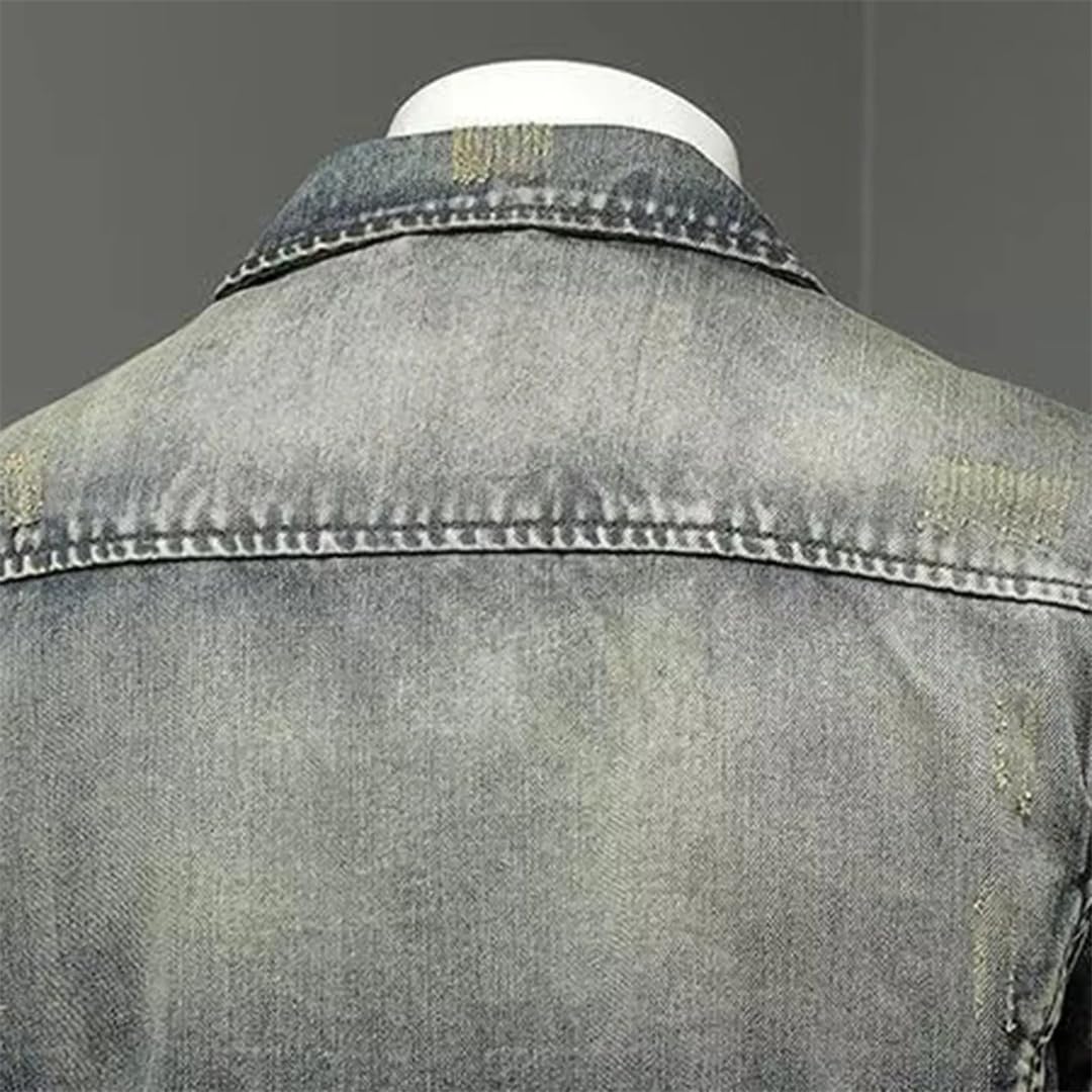Męski Vintage Zip Stand Up Bawełniany Slim Fit Denim Płaszcz Zimowa Kurtka Dżinsowa