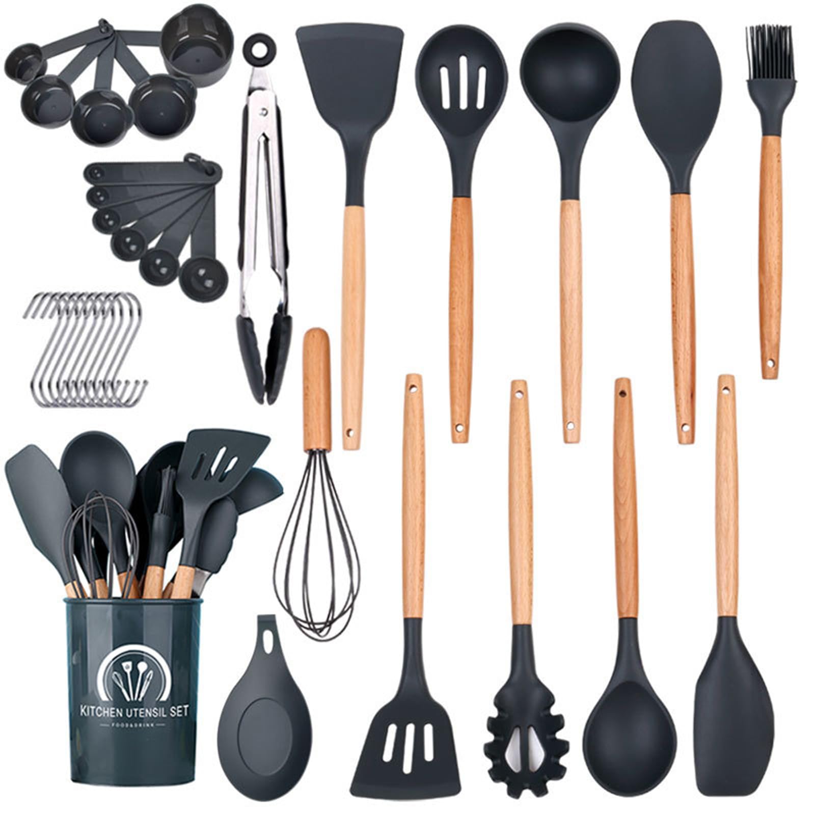 Juego de 15 espátulas de silicona, juego de utensilios de silicona con mango de madera, espátula de cocina de silicona multiusos, antiadherente, con cubo de almacenamiento