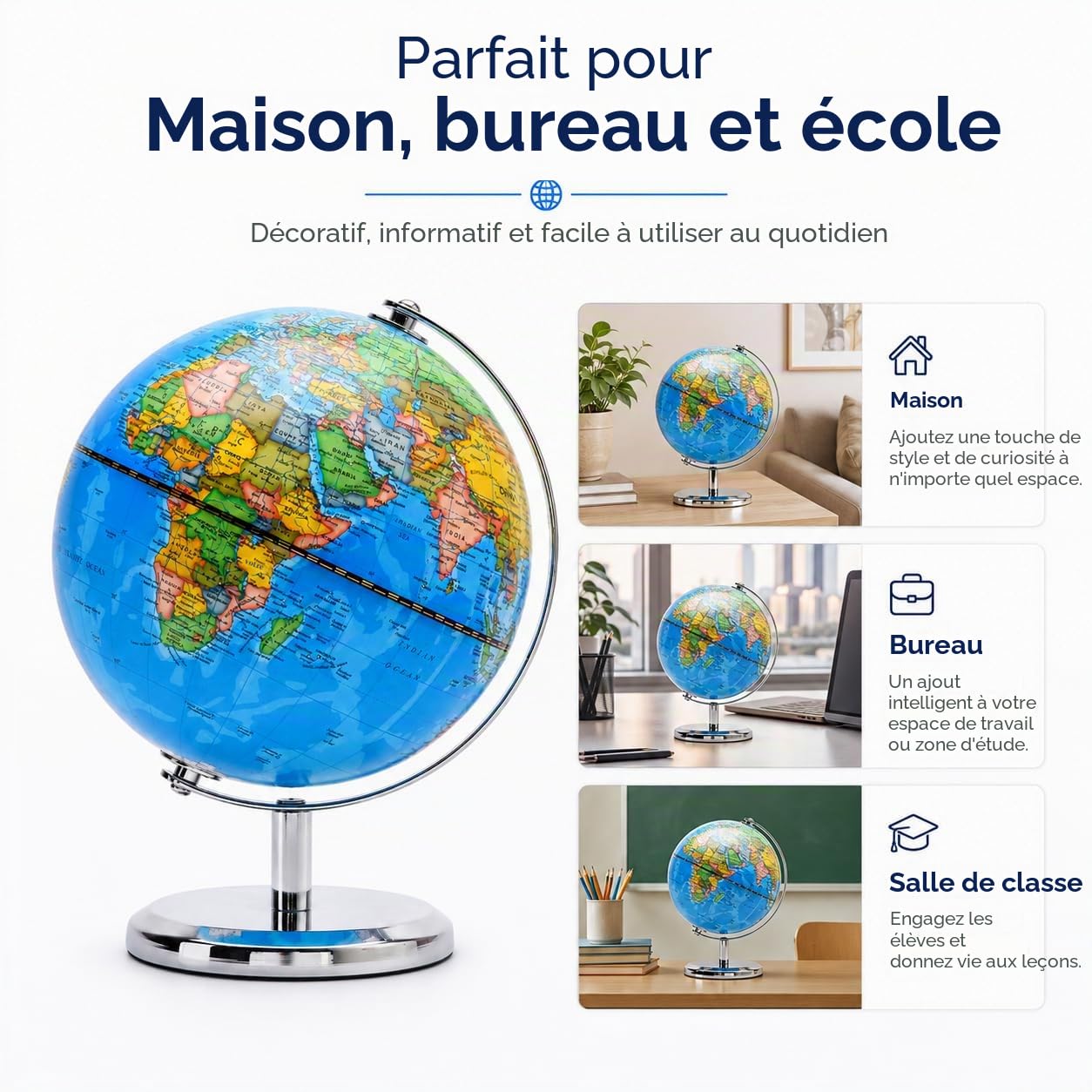 Exerz Globe Terrestre 20cm, Carte en Anglais, Globe Politique Moderne, Décoratif et Éducatif avec Arc et Base en Acier Inoxydable