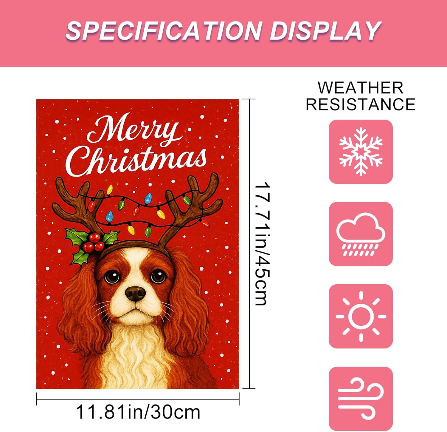 Christmas Garden Flag 12x18 Inch Welcome Cavalier King Charles Spaniel Outdoor Flag Double Sided Holiday Puppy Yard Banner with Antlers and Lights for Porch Lawn Patio - Image 3