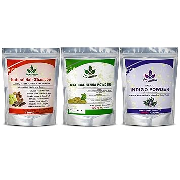 Havintha Natural Amla Reetha Shikakai Shampoo Powder, Henna and Indigo Powder for Hair (Combo Pack of 3)