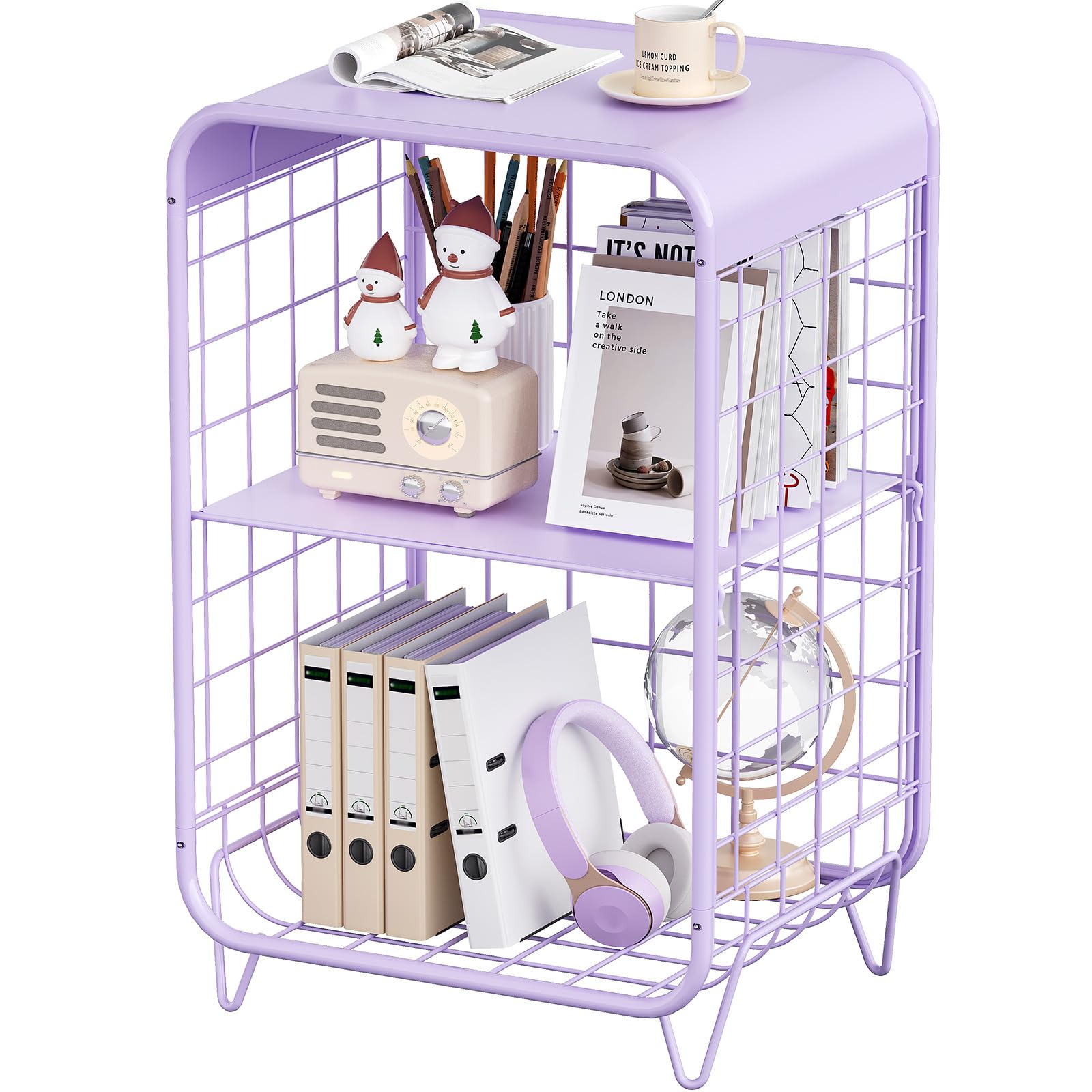 APEXCHASER Cute Kids Nightstand,Metal Side Table,3 Tier End Table with Storage,Vintage Bedside Table,Girls Bedroom Furniture,Coffee Table for Living Room,Bedroom,Dorm,Purple