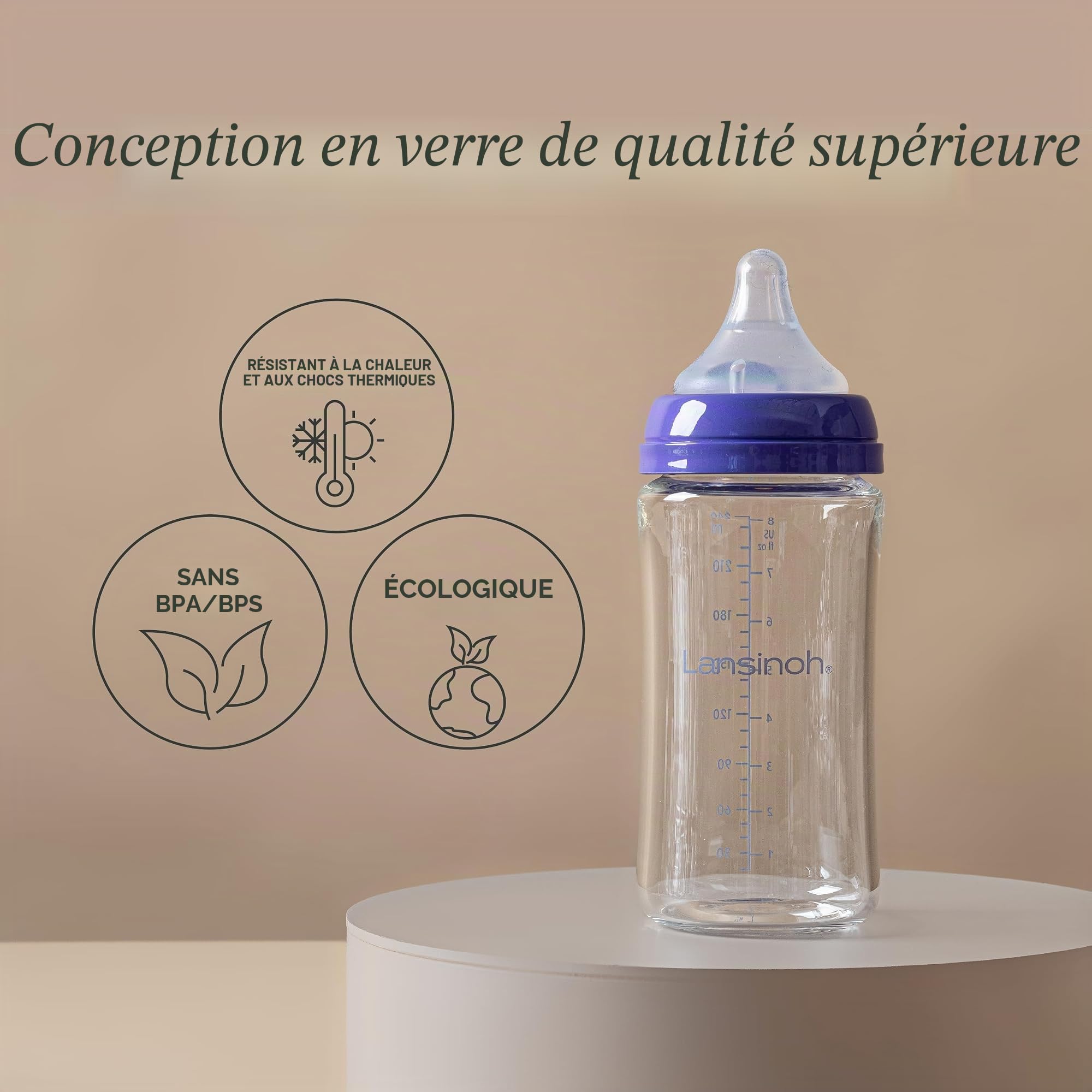 Lansinoh Lot de 4 biberons en verre anti-colique, 236,8 g, pour l'alimentation, essentiels pour bébé, comprend 4 tétines à débit moyen, taille M